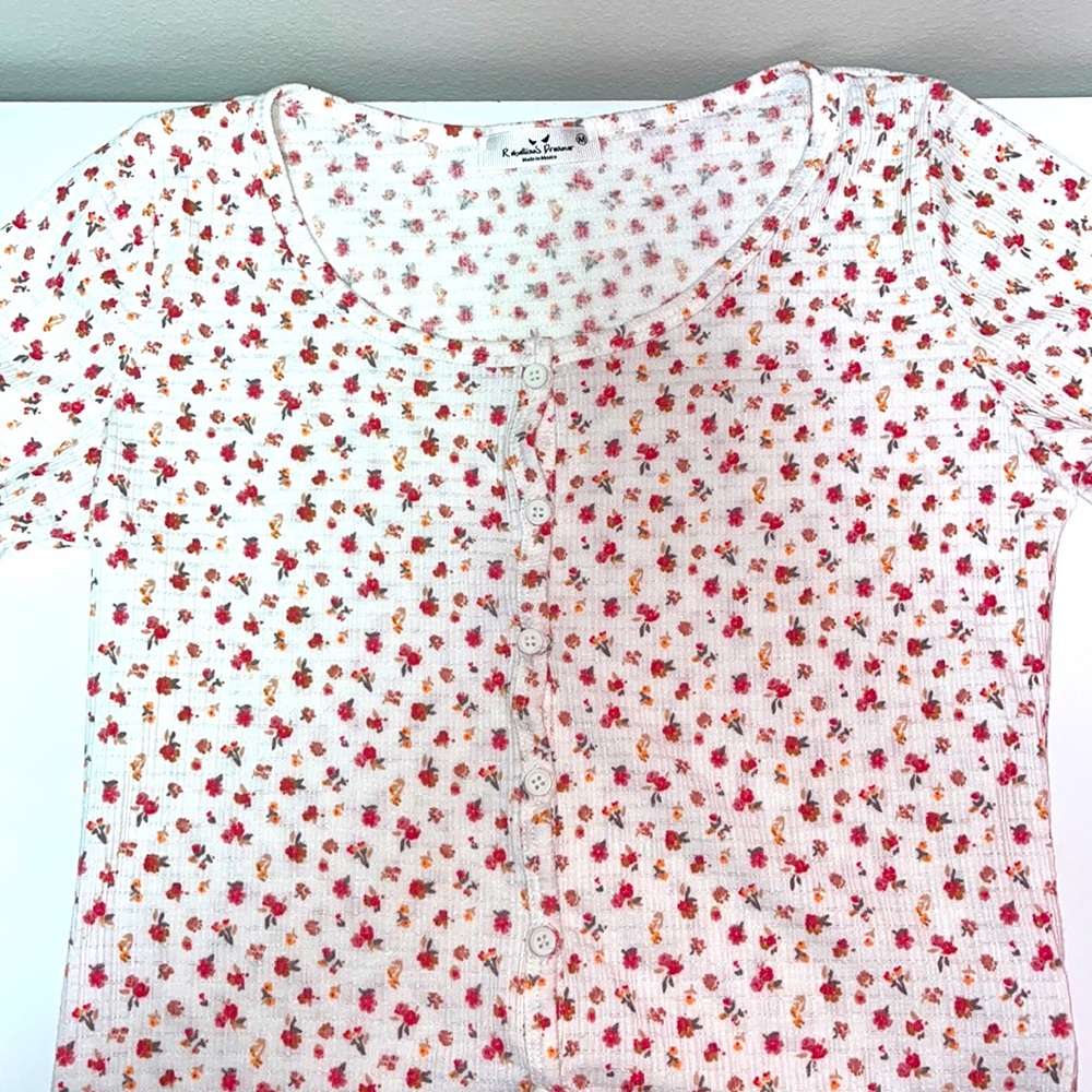 White Floral T-Shirt With Buttons